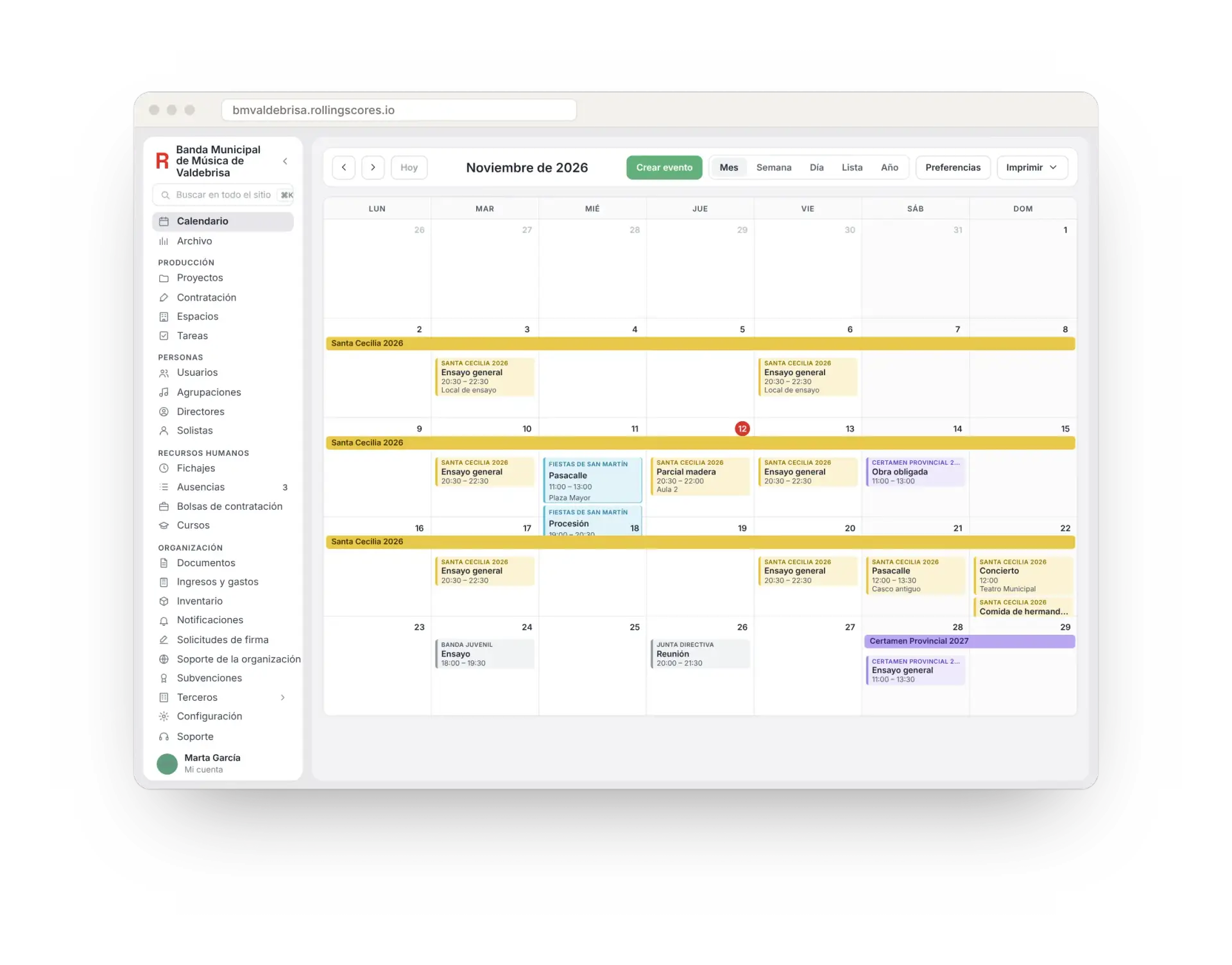 Calendario mensual con ensayos y conciertos de la banda por colores de proyecto