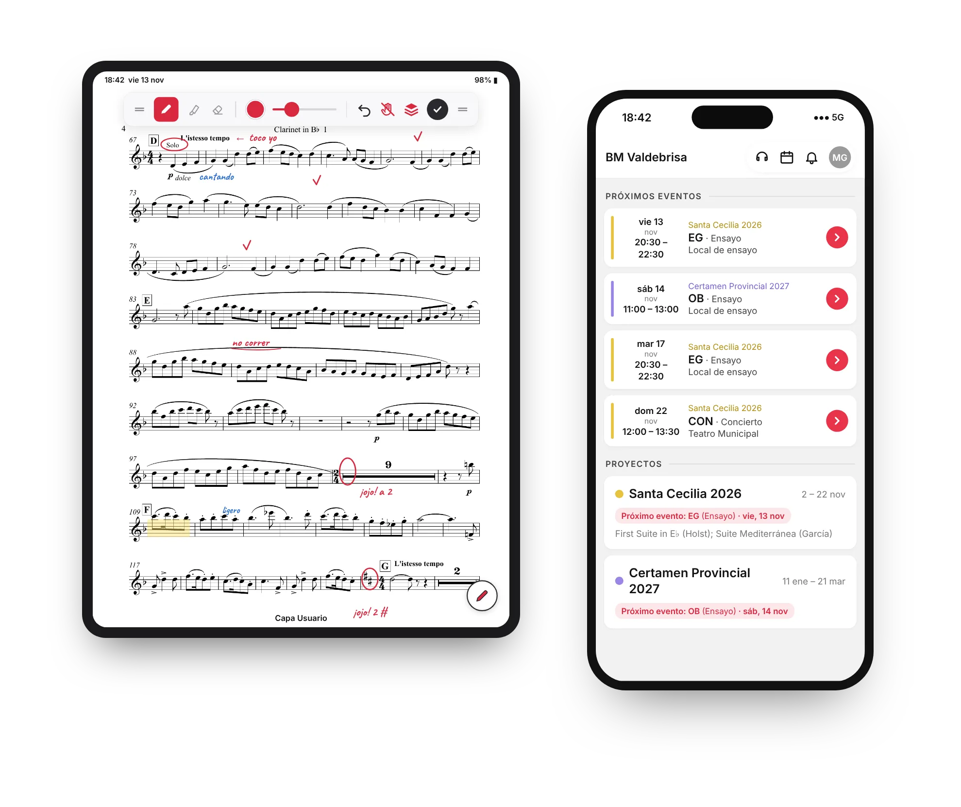 Tablet con una partitura anotada y móvil con los próximos ensayos de la banda