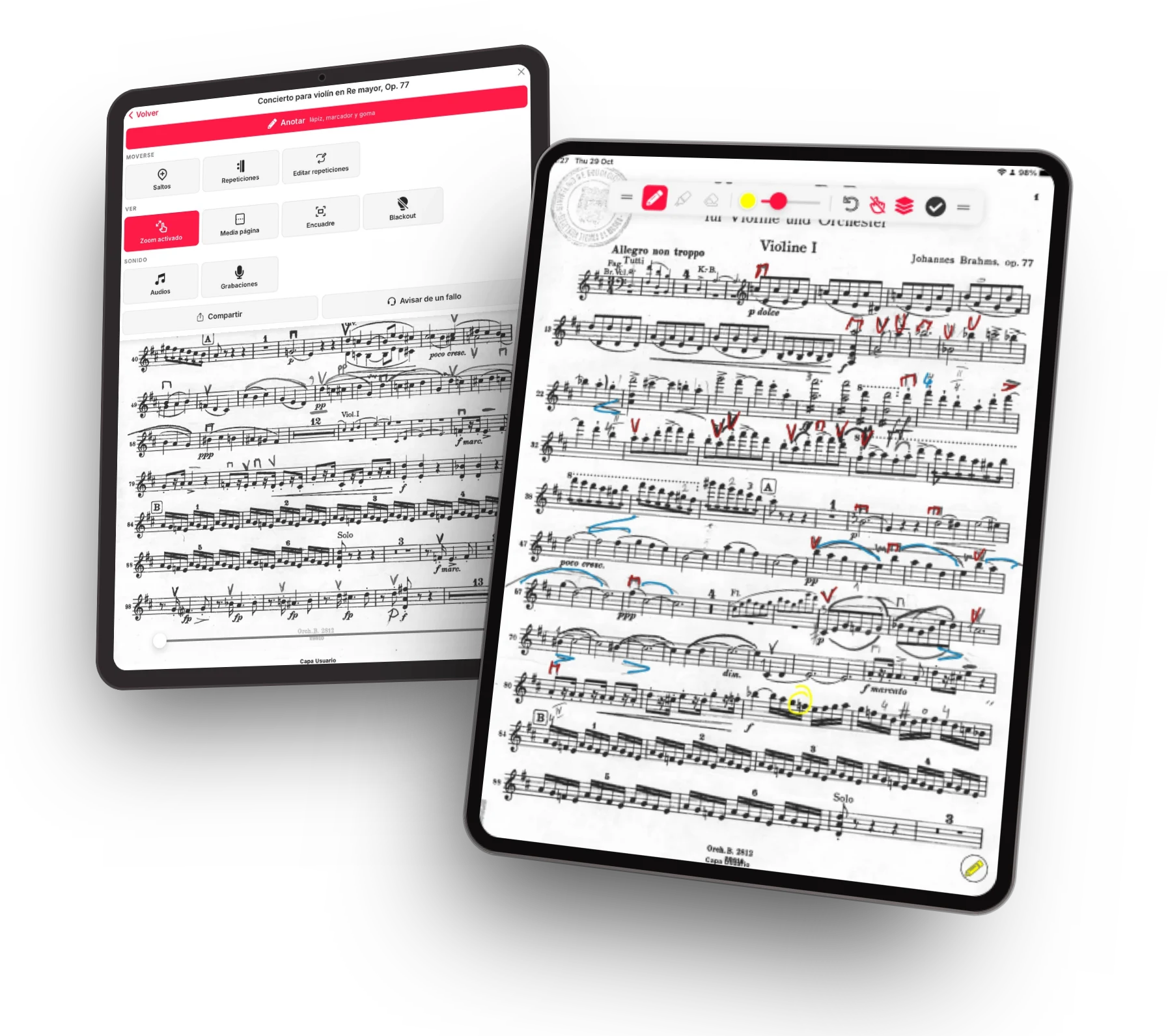 Inicio 29 Lector de partituras de Rolling Scores en un iPad Pro y en una tablet Android, con anotaciones en la partitura